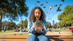 Girl using mobile and shocked whith what she saw there